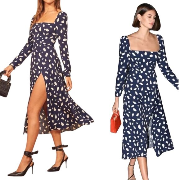 Reformation Dresses & Skirts - Reformation - Women’s ‘Sigmund’ Midi Dress in Splatter Print - Navy Blue, Size 2